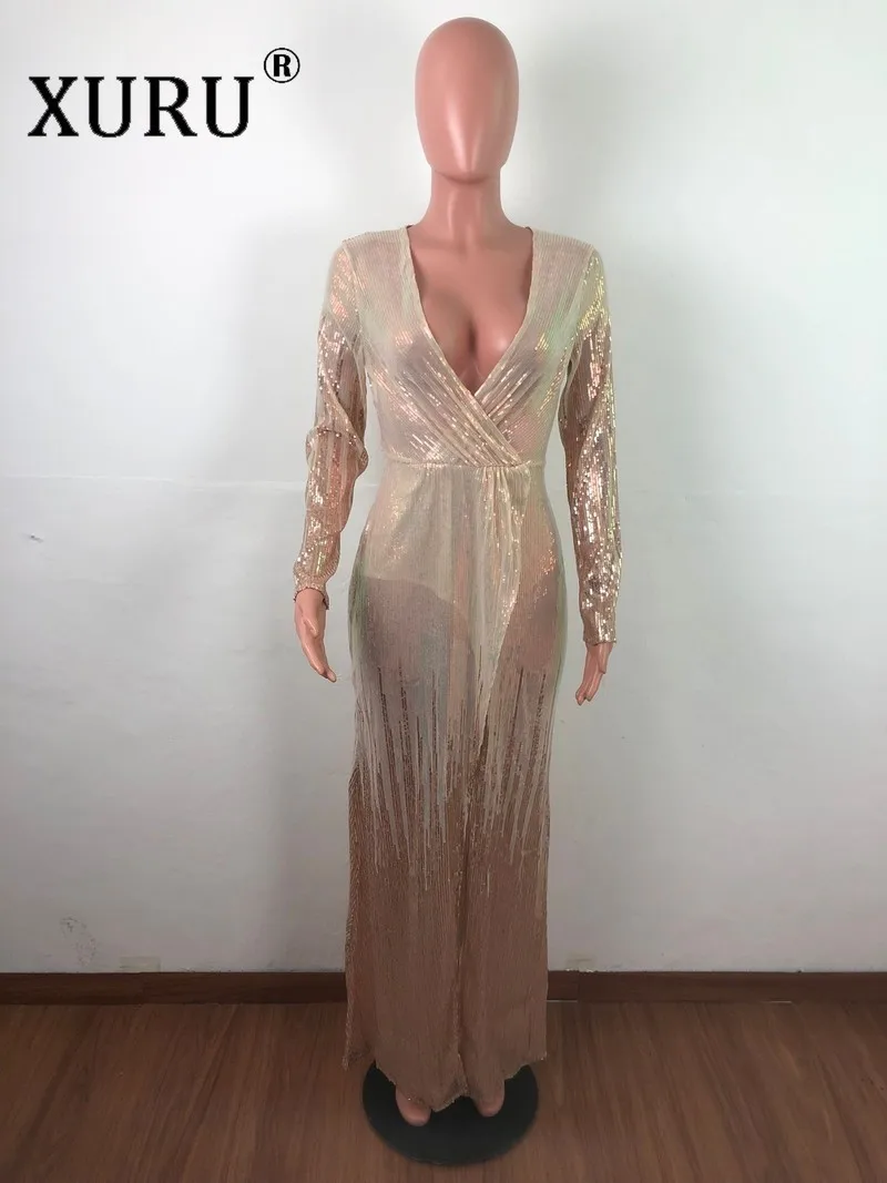 

XURU Europe and America Sexy Elegant Nightclub Dress Autumn Women's Long Sleeve High Split Dress