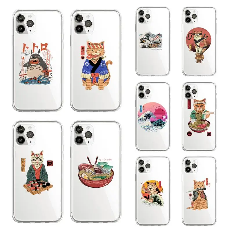 

Japanese style Cat Manga Sushi Phone Case Transparent soft For iphone 12 11 13 7 8 6 s plus x xs xr pro max mini