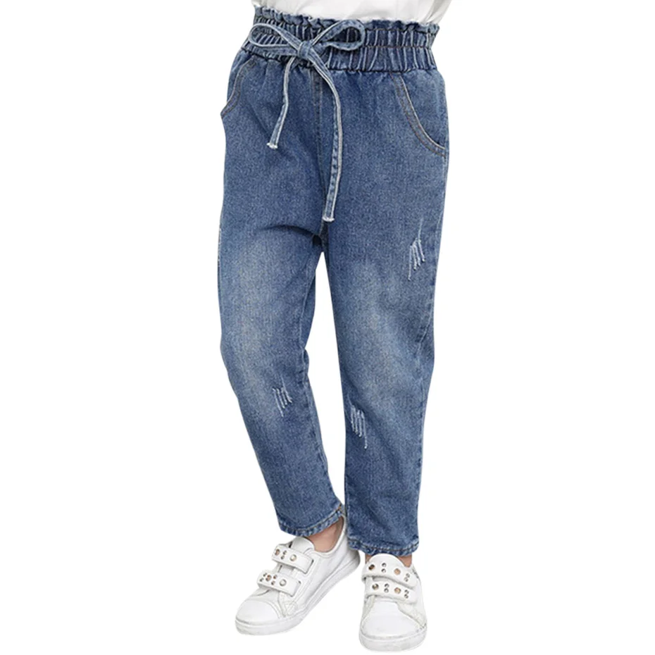 Джинсы с дырками для девочек модные джинсы высокой талией детские бантом Осенние