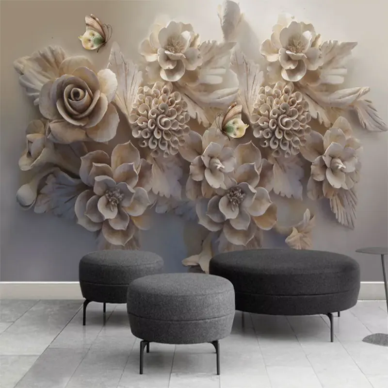 

Custom Mural Wallpaper Beautiful Embossed Flower Butterfly Tv Background Wall Painting