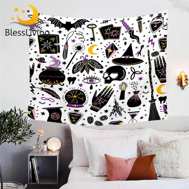 BlessLiving Witchcraft Tapestry Witch Hat Wall Hanging Skull Gothic Wall Carpet Mysterious Bedspreads Alchemy Custom Tapisserie 1