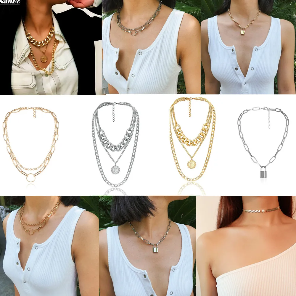 Женское и мужское колье чокер с замком Золотистое Ожерелье в стиле панк