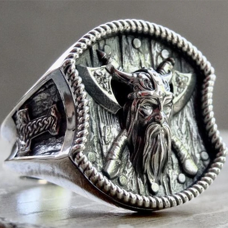 

EYHIMD Mens Viking 316L Stainless Steel Ring Thor Hammer Double Axe Rings Odin Norse Pagan Biker Amulet Jewelry Gifts for him