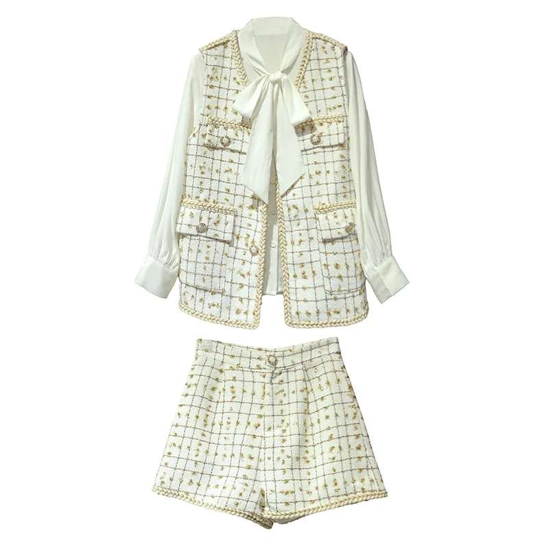 

New bow blouse small sweet wind coat thin shorts three piece female M428 can customized big size