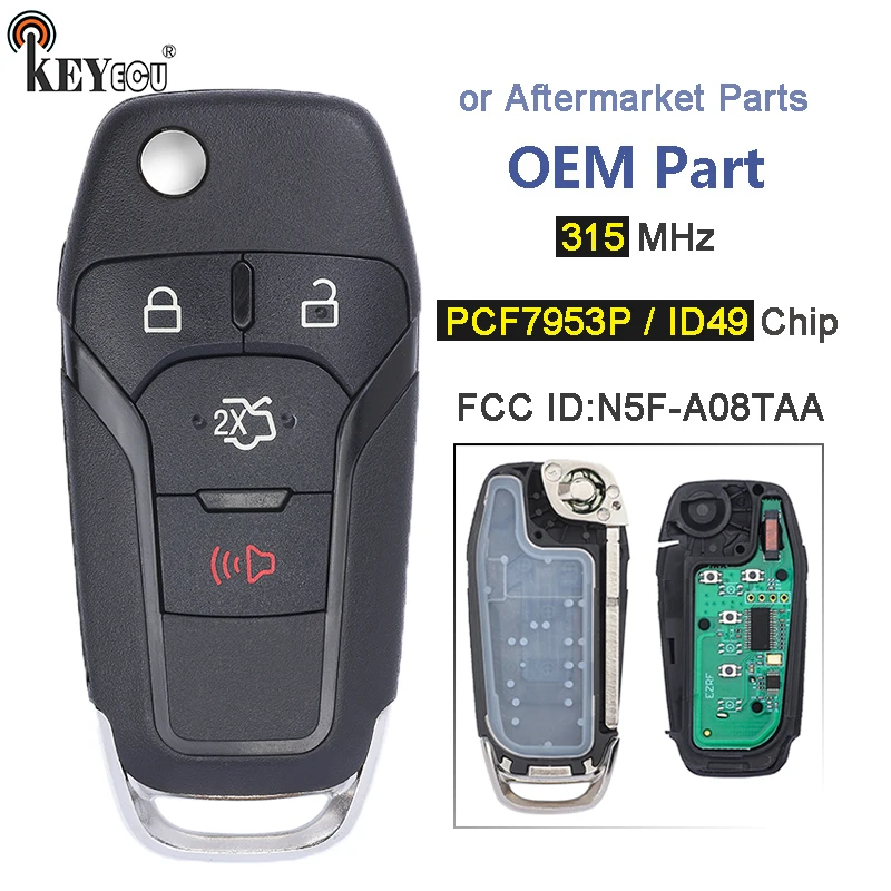 KEYECU 315 МГц FCC: N5F A08TAA OEM/ Aftermarket запчасти без ключа складной 3 + 1 4 кнопки