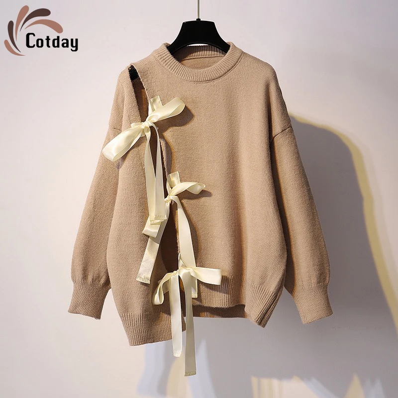 

Cotday Короткие Хаки 2021 Новинка весны куртка длинный рукав дизайн свободные ленивый Harajuku бант с вырезами Para свитера и пуловеры