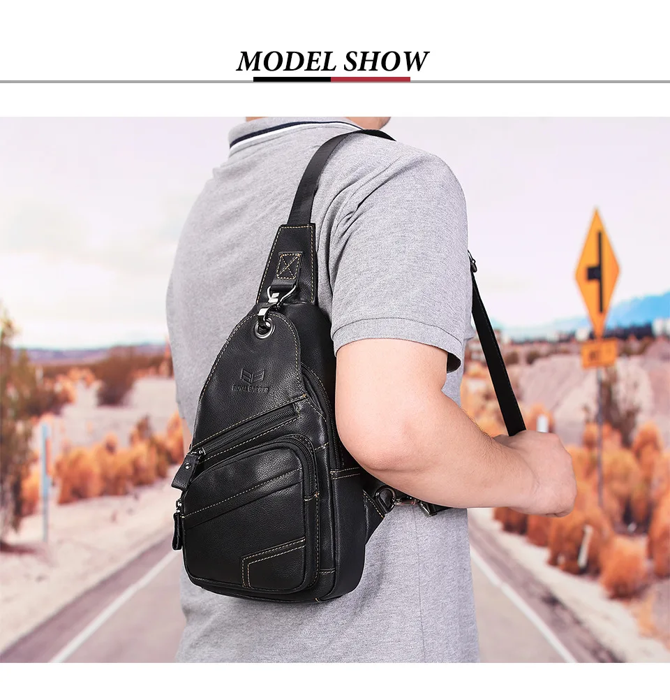 

Royal Bagger Chest Bags for Men Real Genuine Cow Leather Fashion Crossbody Shoulder Sling Bag Outdoor Casual Retro Man Pack