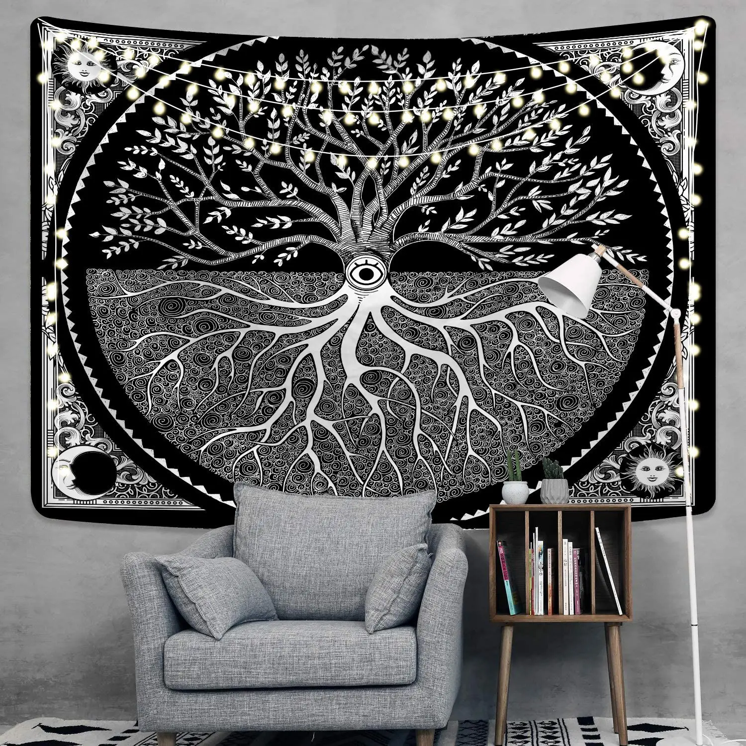 Black white mandala tarot card playa Tapestry Sun Moon Fabric Wall Hanging Blanket Living Room 230cm tapisserie bedroom Decor | Дом и сад