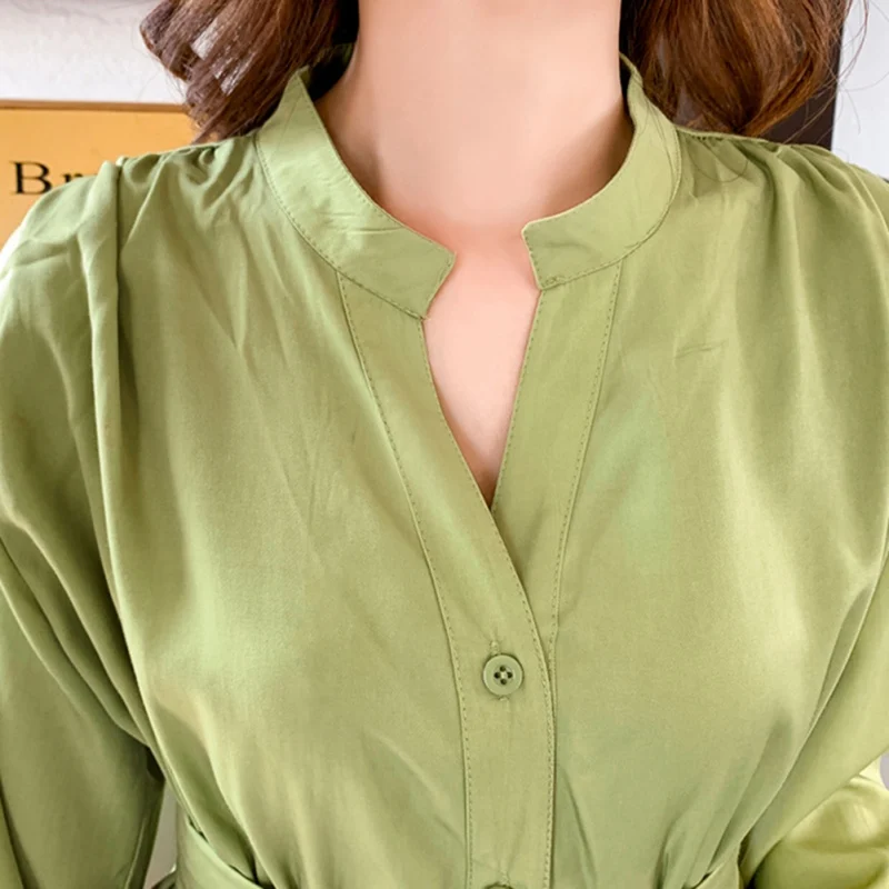 

Vintage Women Buttons Dress High Waist Long Sleeve Dresses Autumn Stand Collar Female Dress