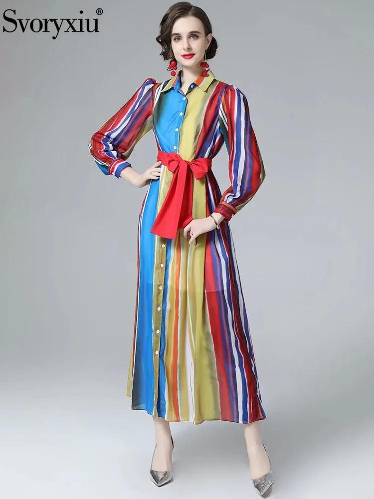 

Svoryxiu Fashion Woman Summer Thin Elegant Long Dress Lapel Striped Pattern Printing Sashes Slim Party Single Breasted Dresses