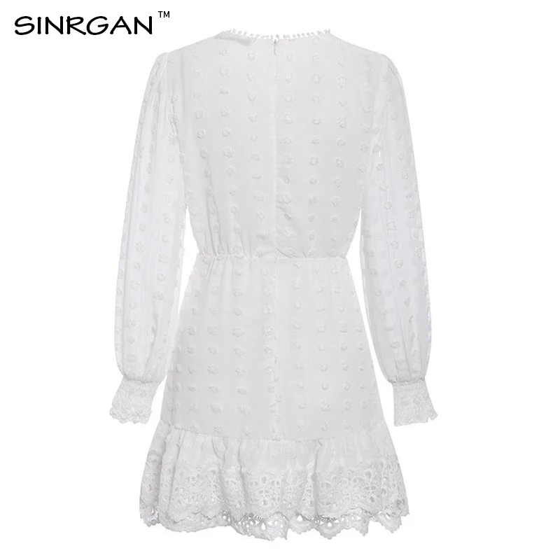 SINRGAN белые кружевные платья с круглым вырезом и коротким пышным рукавом