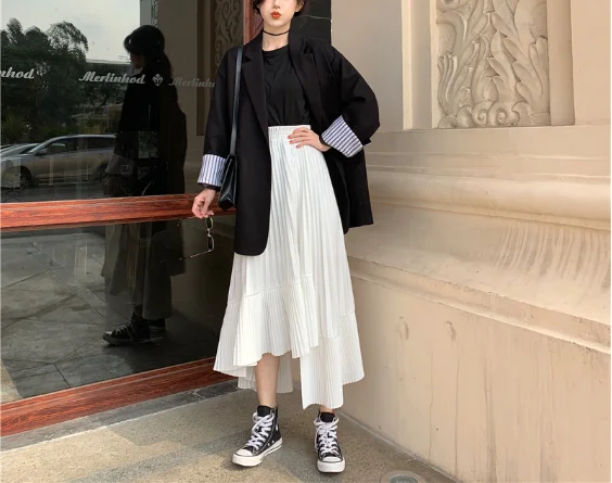 Solid Color Elastic High Waist Stitching Ruffled Irregular Pleats Woman Skirt Simple Fashion 2022 Autumn New