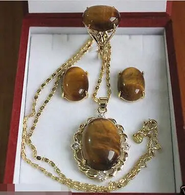 

Jewelry Tiger Eye Stone Ring Earrings Pendant Set