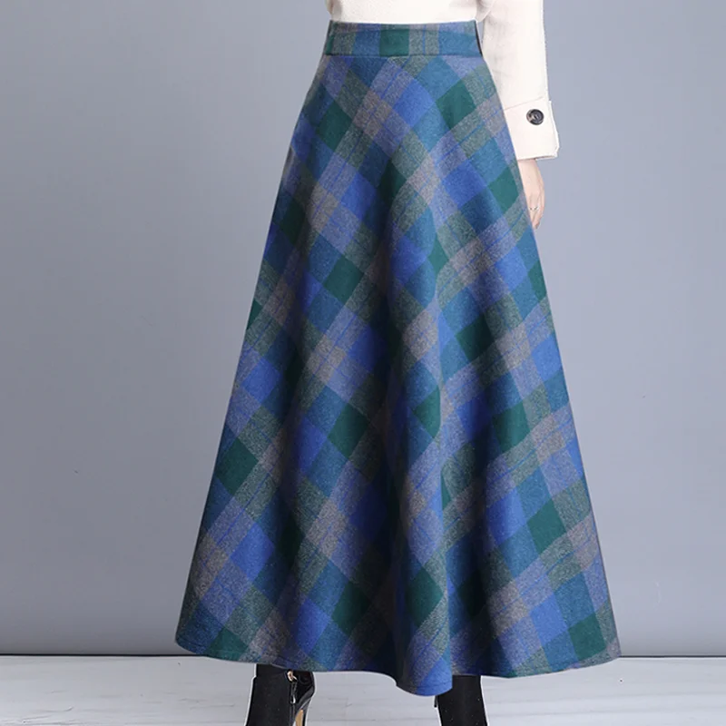 

Women 21 New Autumn Winter Elastic Waist Skirt Vintage High Waist Plaid Skirts A-line Warm Wool Female Plus Size Big-Swing Skirt