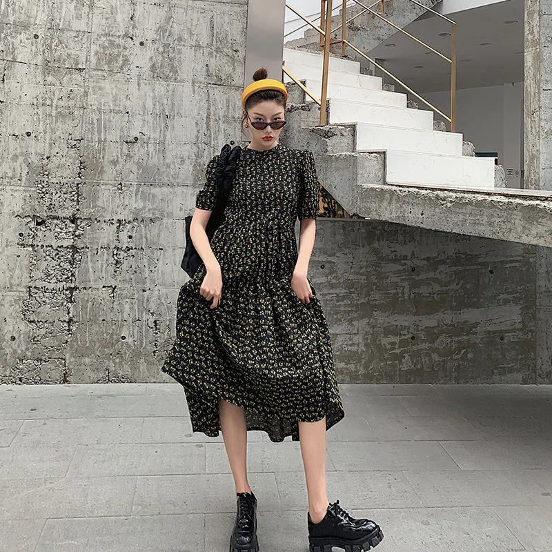 DEAT 2020 round neck puff sleeves flower printed high waist big bottoms franch styles pullover dress female vestido WL76209L | Женская