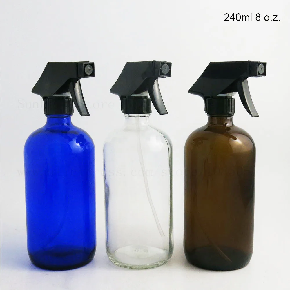 

240ML 8 OZ Big Blue Dark Amber Clear Borosilicate Glass Standard Boston Round Bottle with Black Trigger Sprayer