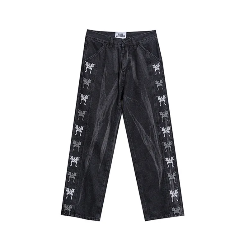 New Arrivals Butterfly Embroidery Vintage Green Men Baggy Jeans Trousers Hip Hop Straight Women Wide Denim Pants Pantalon Homme