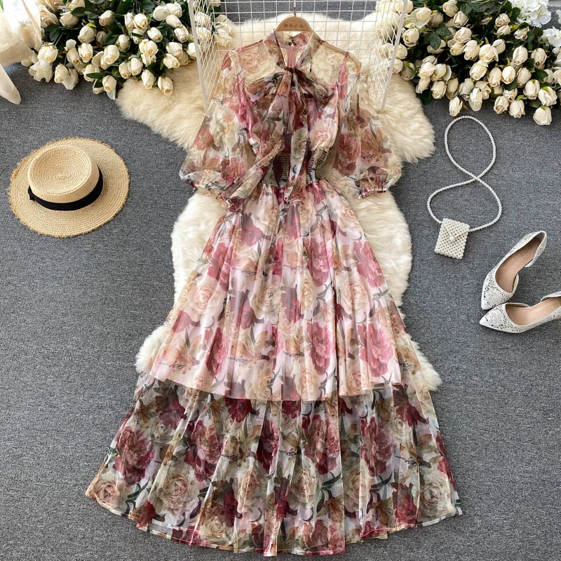 

Aibeautyer New Summer A Line O Neck Chiffon Lady Full Dress Casual Floral Print Puff Sleeve Pullover Mid-Calf Women Dresses