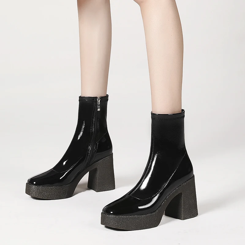 

Rizabina New Woman High Heel Boots Patent Leather Platform Thick Heel Woman Ankle Boots Fashion Winter Shoes Woman Size 34-39