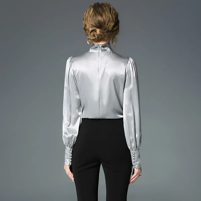 Серебристо-серый шелковая блузка для женская обувь высокого качества Длинные