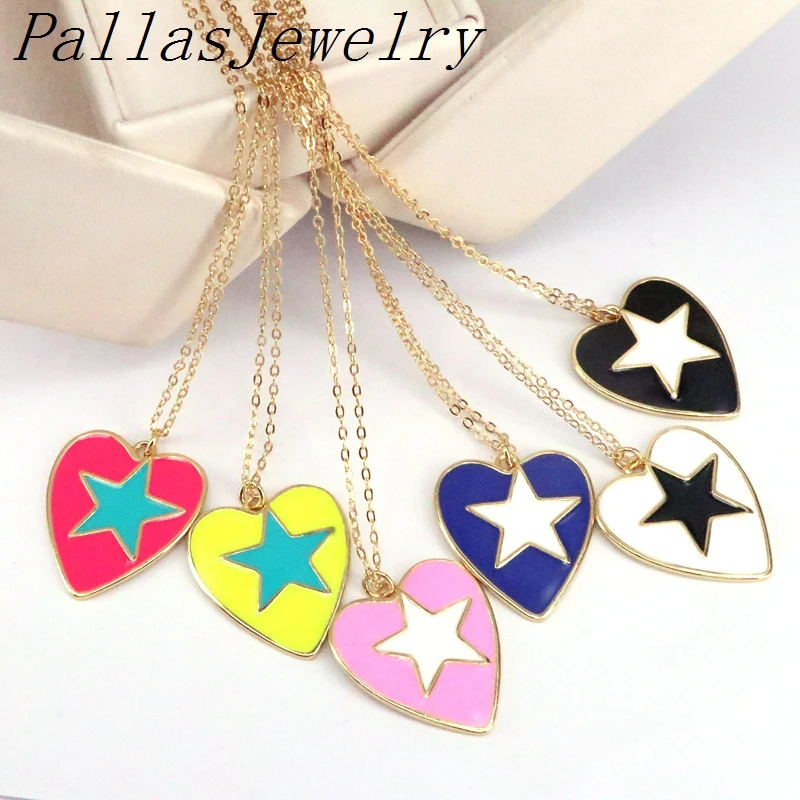 

10Pcs Enamel Star On Enamel Heart Pendant with Gold Finish,Pink Blue White Black Enamel Heart Pendant Necklaces