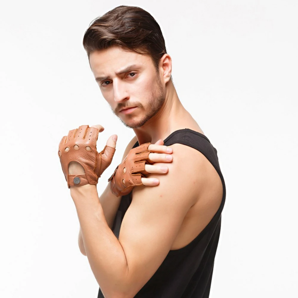 구매 남성용 정품 사슴 가죽 장갑 반 손가락 전술 장갑 펑크 멋진 손목 드라이브 승마 오토바이 장갑 S2178