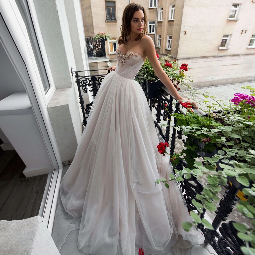 Charming Silver Gray Princess Wedding Dresses 2022 Beaded Sweetheart  Straps A Line Soft Tulle Boho Bride Gown