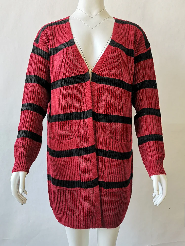 

Cardigan Women Oversized Spring Autumn Casual Striped Long Cardigans with Pockets Loose Plus Size XXXL Ladies Knitted Outwear