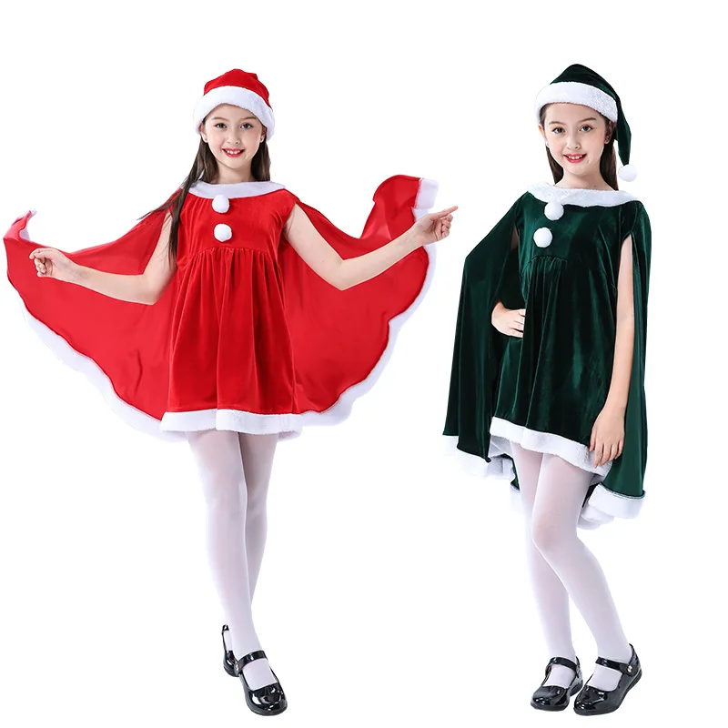 

Red Green Velvet Christmas Cape Cloak Hat Winter Girl Shawl Cosplay Party Costumes Dress Decoration Santa Claus Costume Lace Up