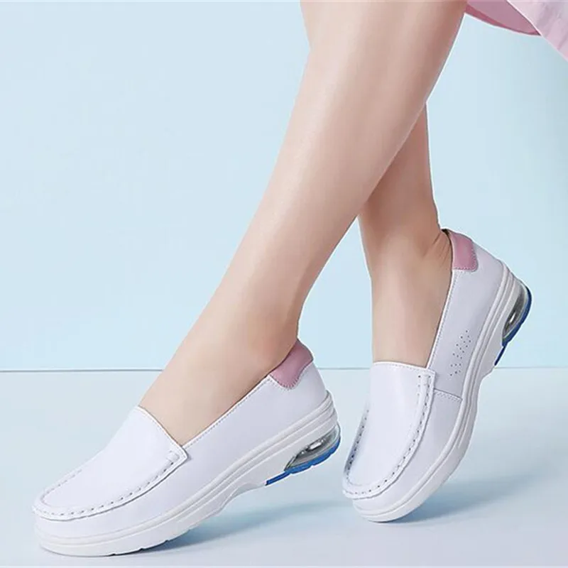 Flats Shoes Women Real Leather Loafers Nurse Platform Shoes Casual Slip on White Rubber Shoes for Women Fashion Platform Flats