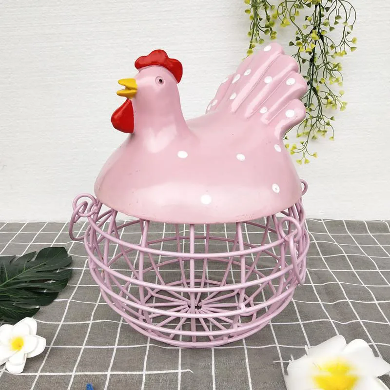 Pink Металлическая корзина для хранения яиц и фруктов, керамическая с крышкой, большая емкость, сетчатая корзина для хлеба, украшение для курицы, органайзер, кухонная подарочная корзина - Цвет: Pink