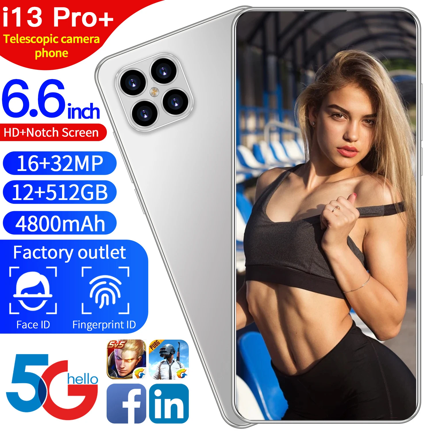 

Global Version Hot Sale I13 Pro 5G Smartphone 12GB 512GB 6.6 Inch 16MP 32MP Snapdragon 888 Mobile Phone Face ID Unlocked Aple
