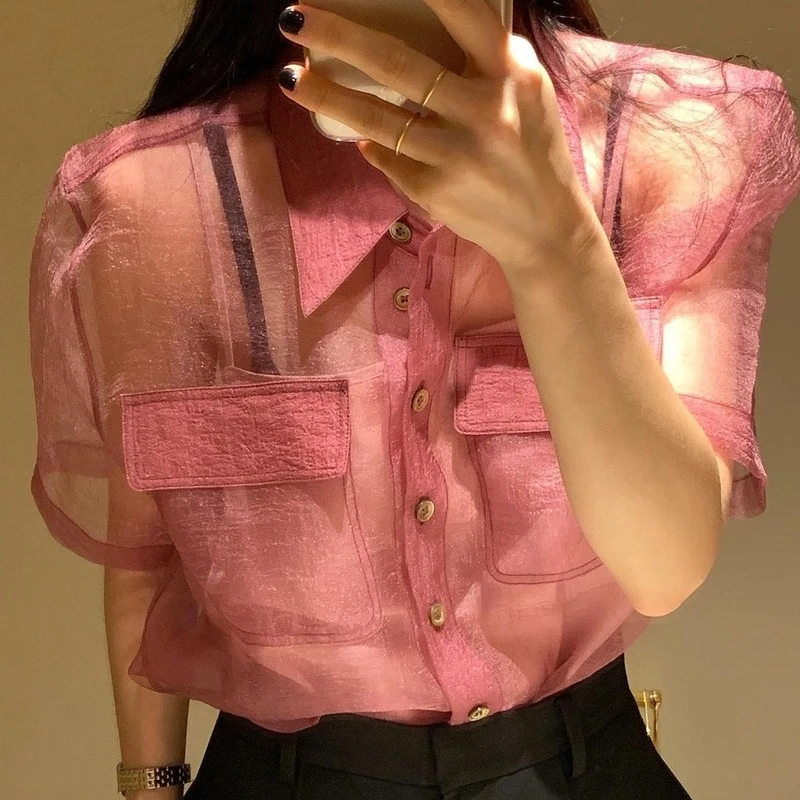 

2021 Loose Shirt Perspective Women Tops Chic Short Sleeve Women Shirt Summer Korean Fashion OL Style Pockets Thin Blouse 15351