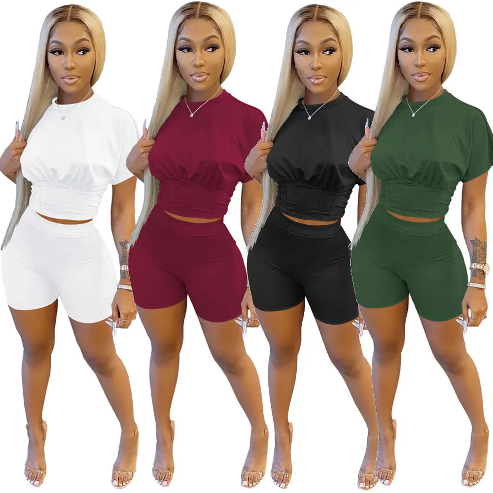

Women's Short-Sleeved T-Shirt Shorts Solid Color Suit Women's Spring and Summer Sports Waist Suit Fashion Casual Two Pieces