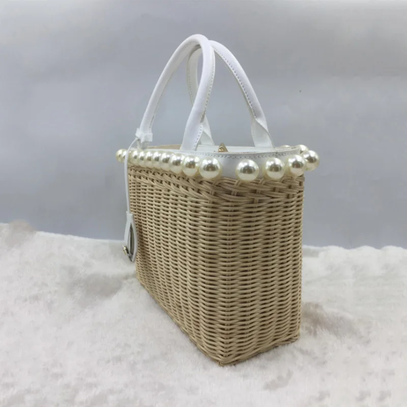 

2021 New Women's Handbag Rattan Imitation Pearl Bag Luxury Fashion Woven Women Straw Handbag Reusable Shopping Bag ECO