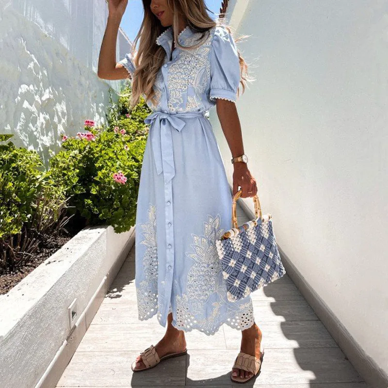 

Trendy Women Summer Puff Sleeve Hollow Out Shirt Dress 2021 Elegant Patchwork Embroidery Lace-Up Belted Party Long Dresses