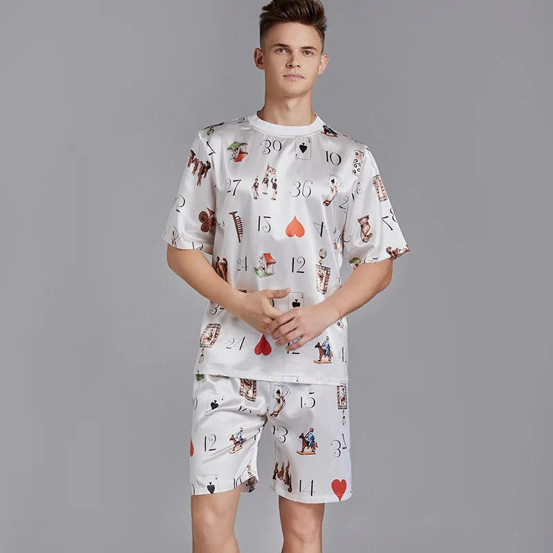 

New Large Size Men's Pajamas Suit Short Sleeve Thin Section Silky Satin Rayon Men's Summer Round Neck Home Service Loose Suit