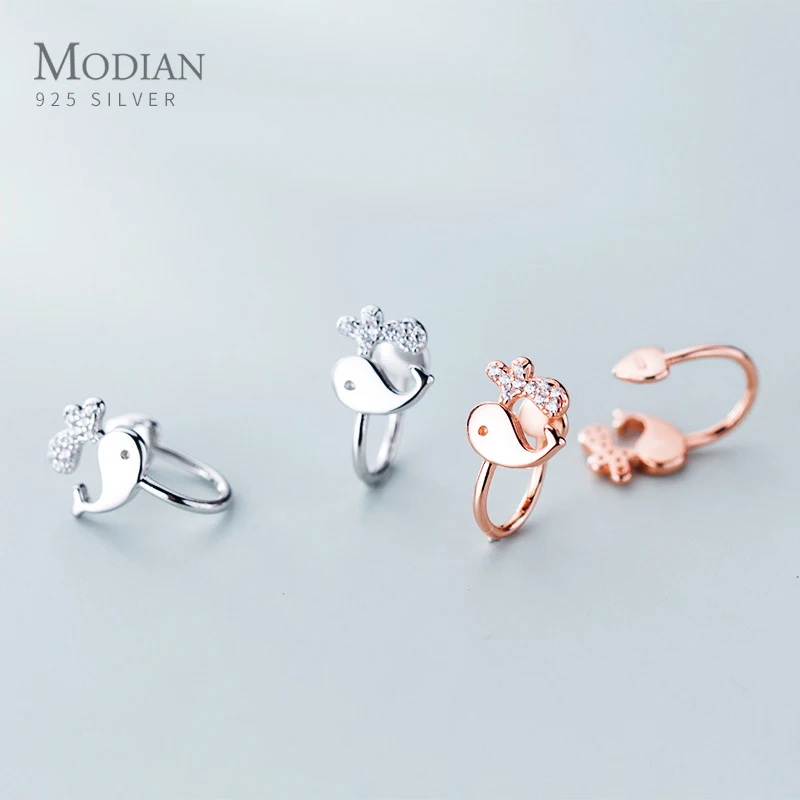 

Modian New 925 Sterling Silver Marine Life Glittering CZ Lovely Whale Clips Earring Fit Women Fine Jewelry Without Ear Hole