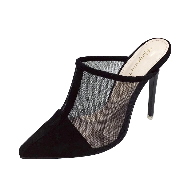 Летние новые привлекательные черные туфли с острым носком на высоком