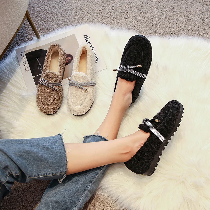 Fur Curly Shoes Woman Glitter Bowtie Cotton Flats Lambswool Loafers Ladies Winter Footwear Cashmere Plush Shoes Comfy Moccasins