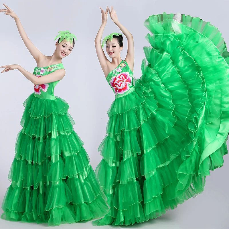 

2020 New Adult Female Modern Chorus Performance Dress Opening Dance Long Robe Big Swing Skirt Spanish Bullfight Dresses DL6129