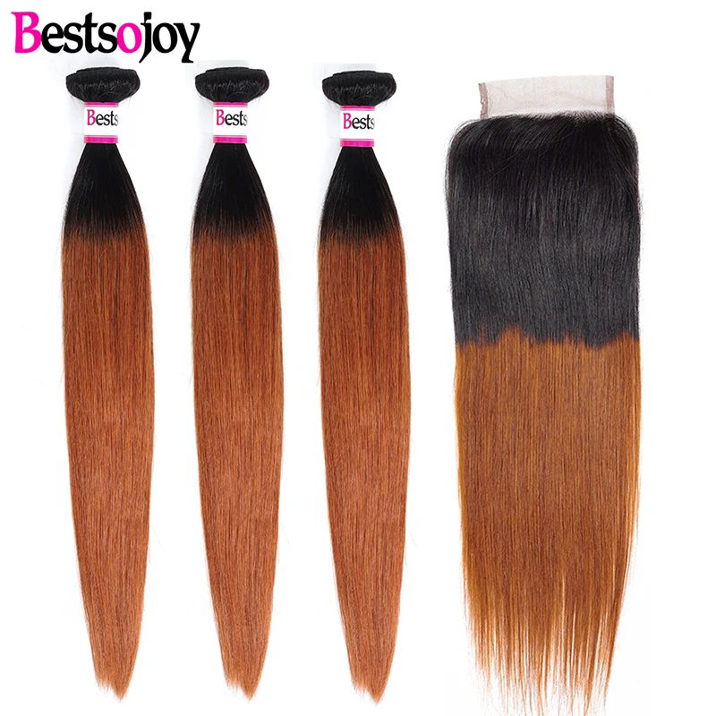

Bestsojoy Ombre Brazilian Straight Hair 3 Bundles With Closure T1B/30 Human Hair Bundles With 4*4 Lace Closure