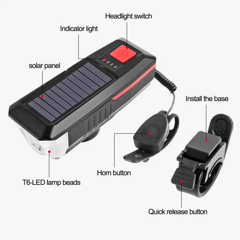 HOT!!! New Solar USB Rechargeable Double Charging Cycling Light Waterproof Bike Front + Horn Outdoor Bicycle Headlight | Спорт и