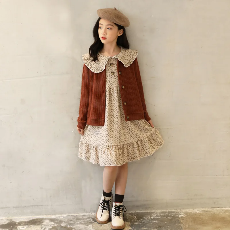 Комплекты для девочек осенний кардиган вязаная верхняя одежда платье с