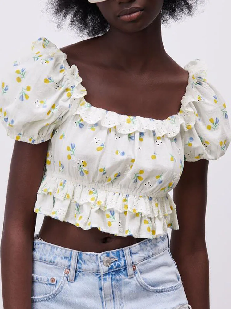 

summer new women's clothing sweet and age-reducing square neck puff sleeve flower printing hollow embroidered top