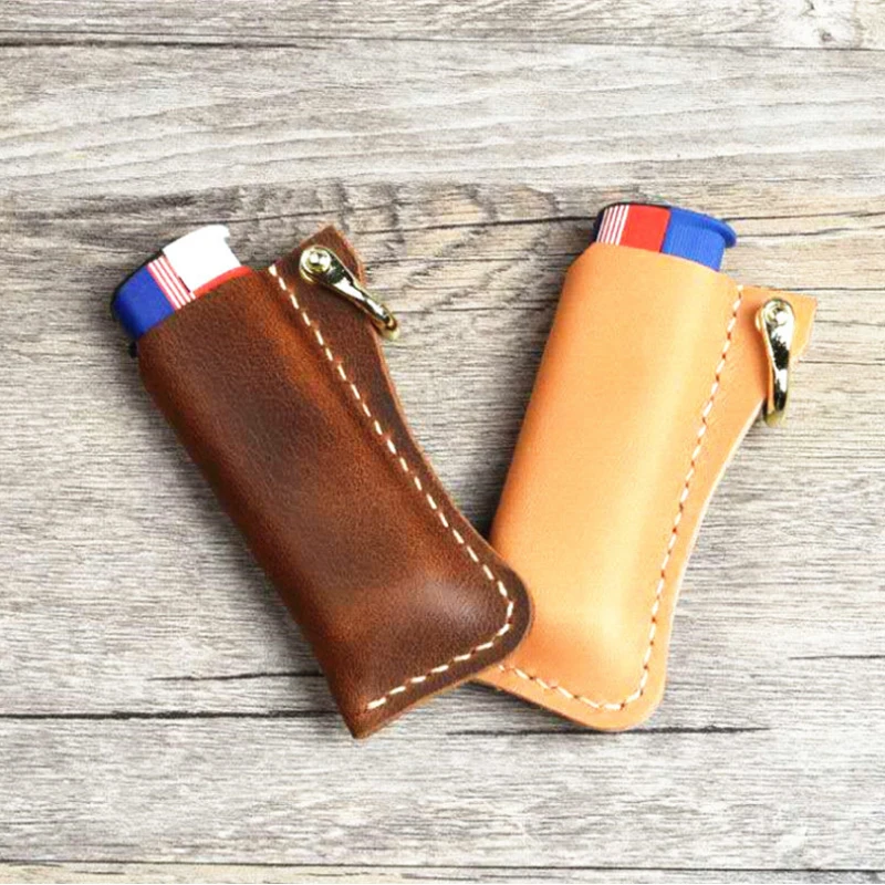 

Genuine Handmade Cowhide Leather Lighter Case For Cricket Lighters Shell Body Protection With Keychain Cigarette Accessories