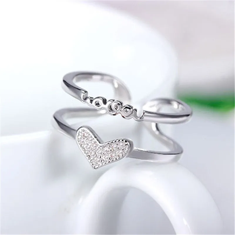 925 Sterling Silver Female Sweet Ring Finger Light White Zircon Excellent Heart Open Circle Ring For Woman Girl Party Jewelry