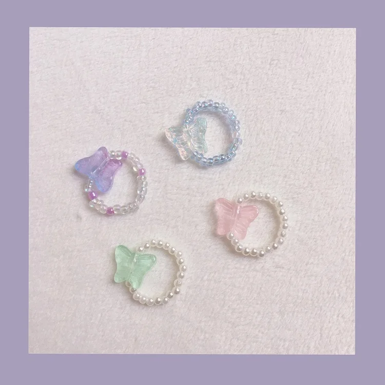 

2021 New Lovely Summer Korean Colorful Transparent Beads Butterfly Flowers Rings for Women Party Vacation Jewelry Gifts