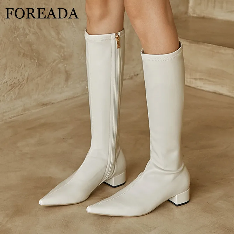 

FOREADA Pointed Toe Knee High Boots Med Heel Woman Boots Chunky Heel Long Boots Zip Ladies Shoes Autumn Winter Beige Black 34-39