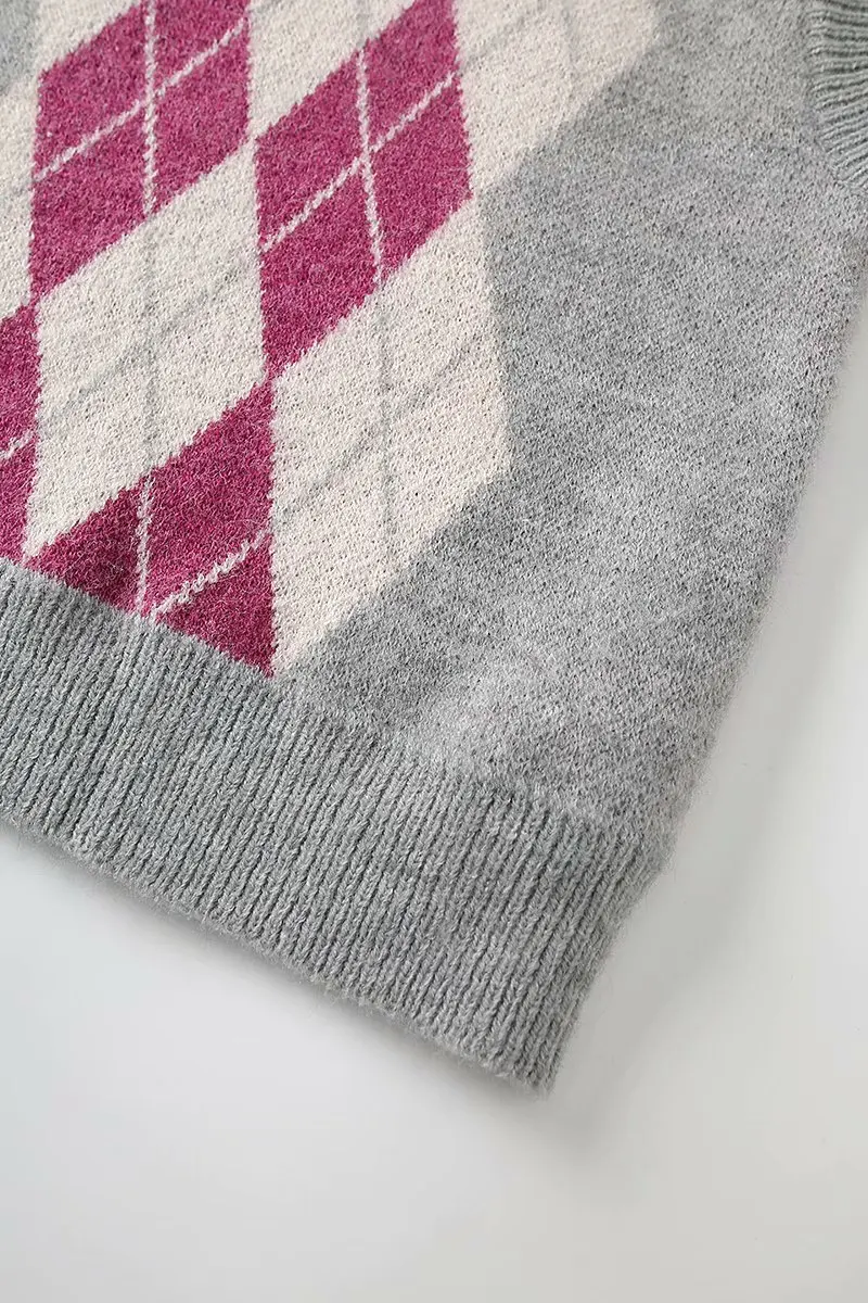 Женский винтажный Трикотажный жилет серый клетчатый с V-образным вырезом осень